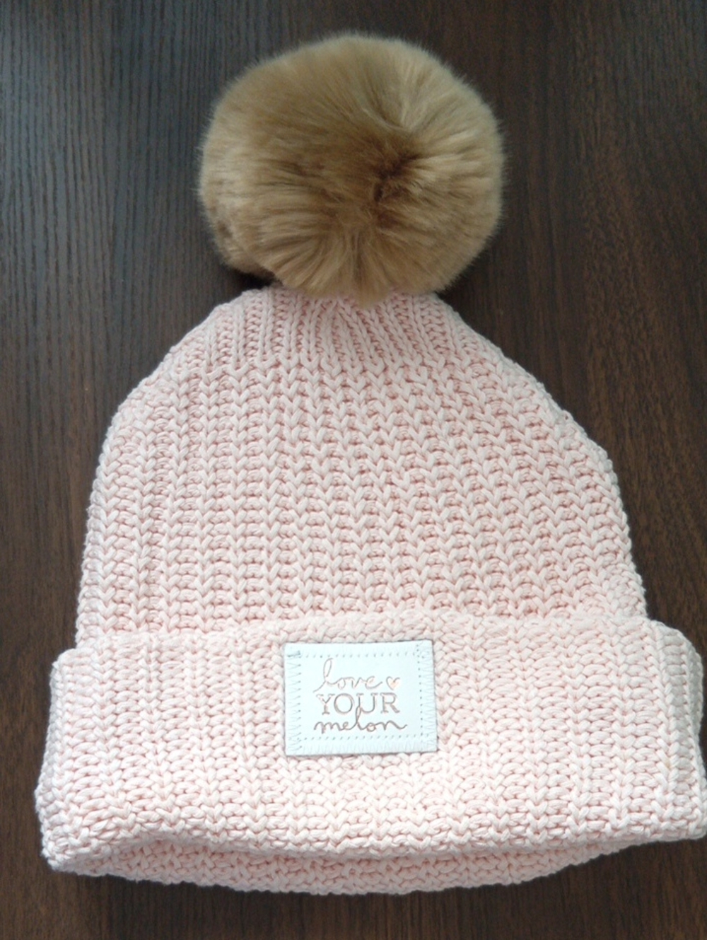 NWT Love Your Melon Peach Knit Beanie with Brown Faux Fur Pom
